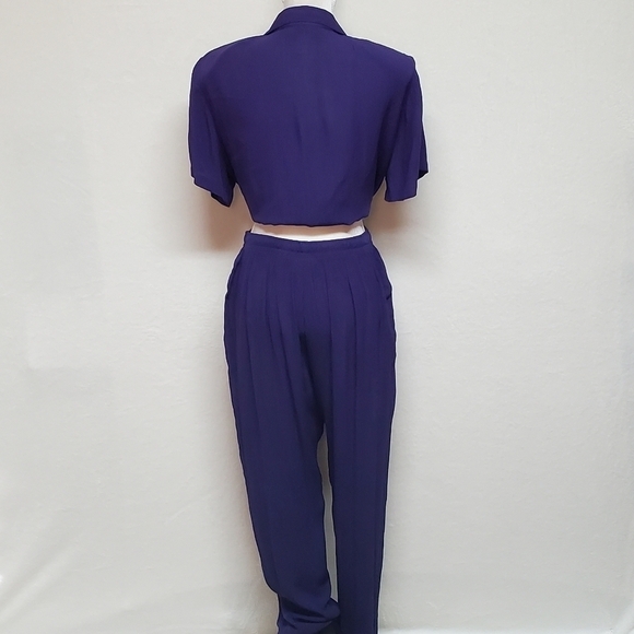VINTAGE 90s Eggplant Purple Crinkle Material Two-Piece Jumpsuit Sag Harbor Med - Picture 10 of 16